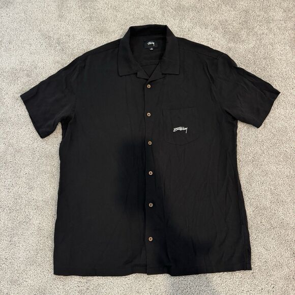 Stussy Men's Black Front Chest Pocket Button-Up Bowling Shirt Size M - Picture 1 of 8